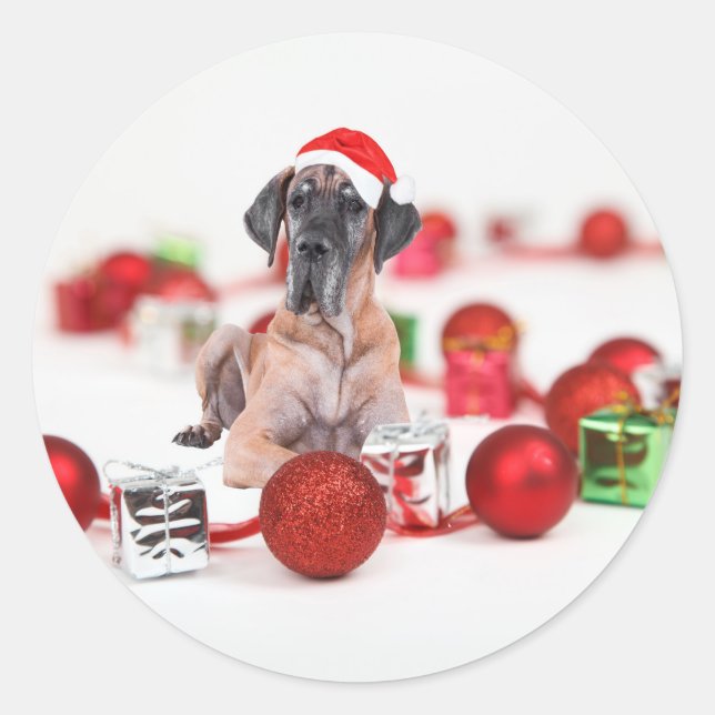 Sticker Rond Grand chien Danois avec ornements de Noël Cadeaux (Devant)