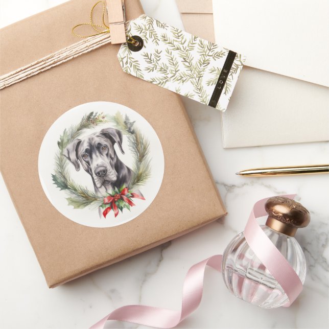 Sticker Rond Grand Dane Noël Wreath Festive Pup (Cadeaux)