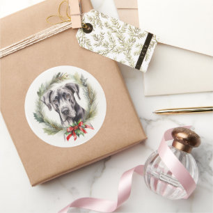 Sticker Rond Grand Dane Noël Wreath Festive Pup