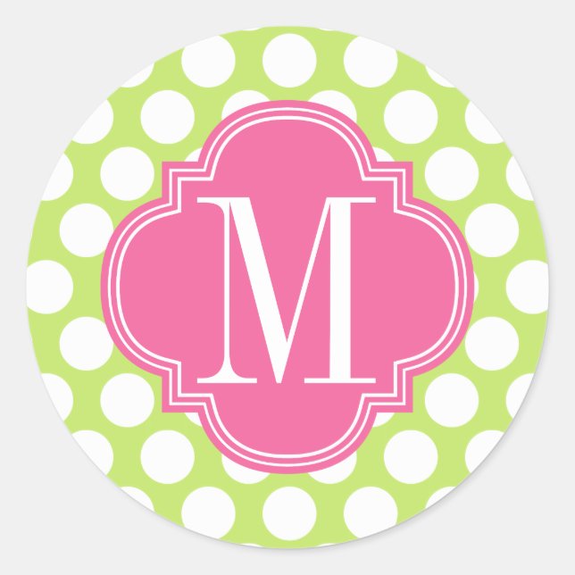 Sticker Rond Grand Pois vert et rose Monogramme (Devant)