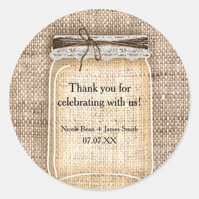 Sticker Rond Grand pot Mason avec Burlap & Dentelle Mariage rus (Devant)