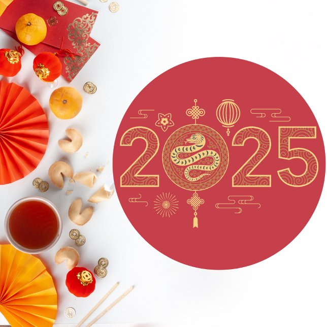Sticker Rond Grand Rouge et Or 2025 Année du serpent (Créateur téléchargé)