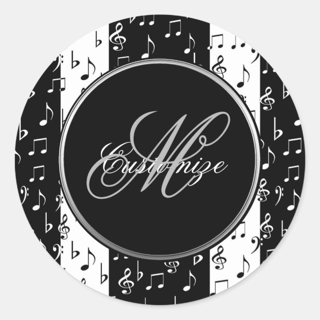 Sticker Rond Grandes bandes musicales noires et blanches monogr (Devant)