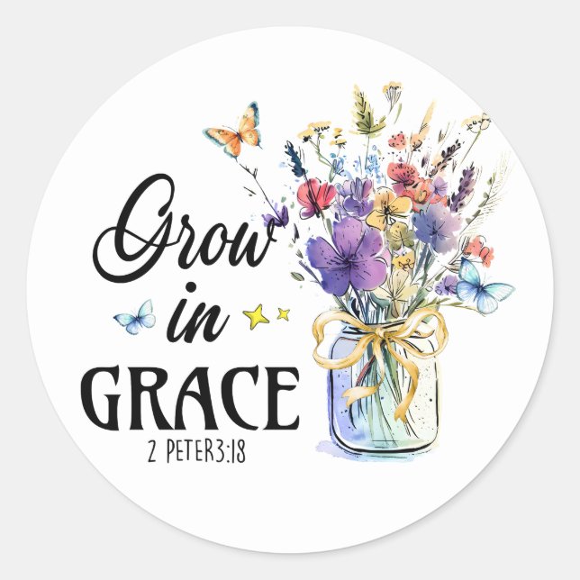 Sticker Rond Grandir en grâce Bible chrétienne Verse Floral (Devant)