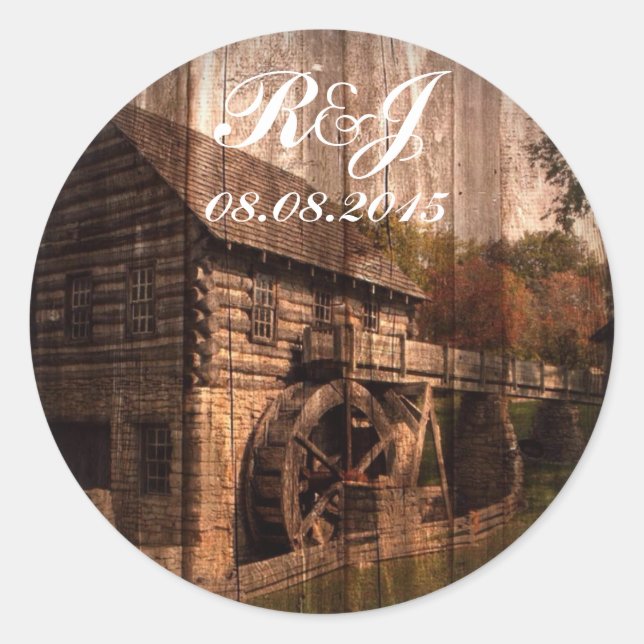 Sticker Rond Grange primitive mariage ferme en bois (Devant)