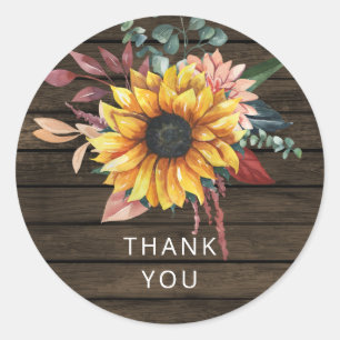 Sticker Rond Grange rustique Bois Pays Fleurs de soleil Merci