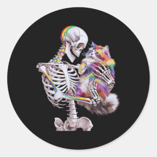 Sticker Rond Graphique De Peinture Colorée Chat Et Squelette Ar