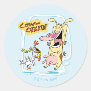 Sticker Rond Graphique de rire de vache et de poulet
