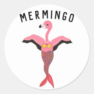Sticker Rond Graphique drôle de Mermingo : Hybride de Flamant