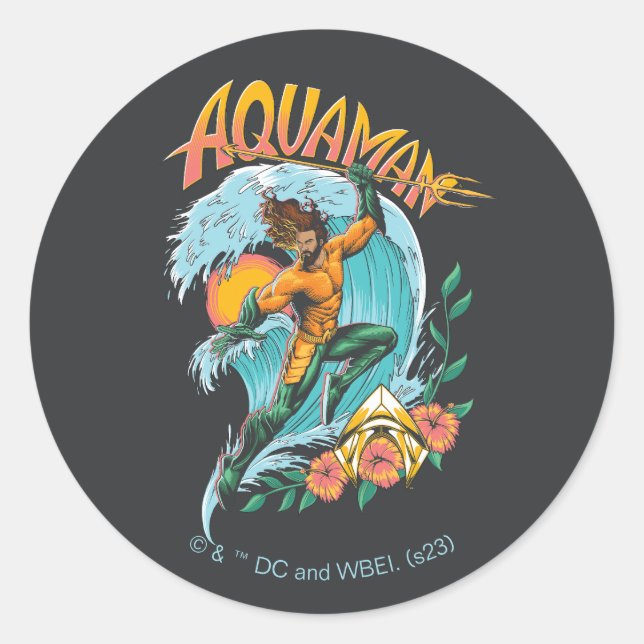 Sticker Rond Graphique du Surf de levage Aquaman et Trident (Devant)