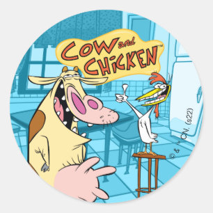 Sticker Rond Graphique souriant de vache et de poulet