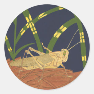 Sticker Rond Grasshopper en Grass vert sur Arrière - plan bleu