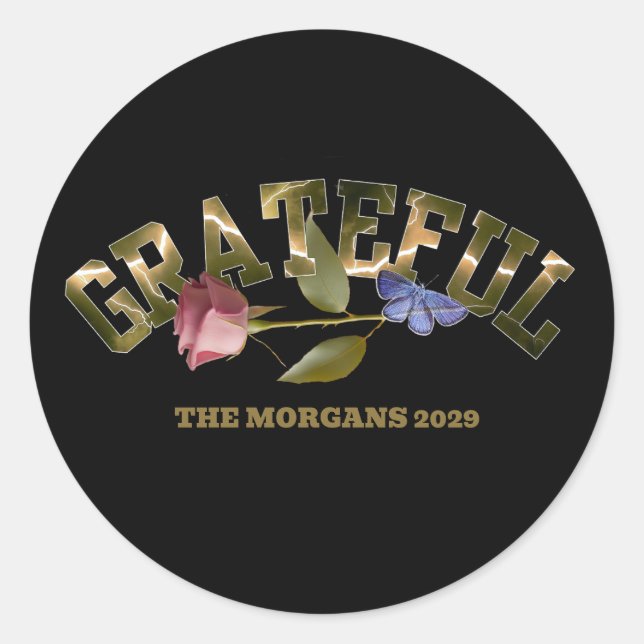 Sticker Rond Grateful Rose de typographie d'or et papillon (Devant)