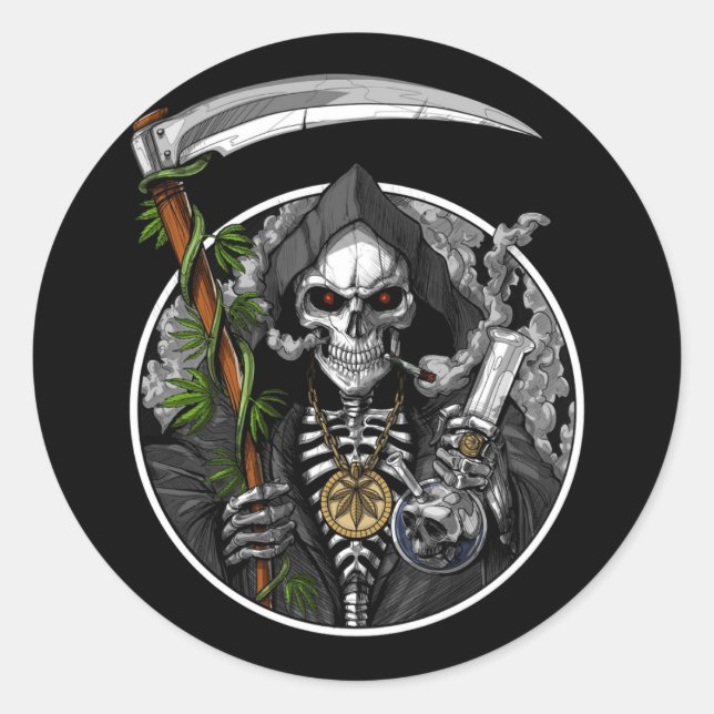 Sticker Rond Grave faucheuse fumeur de mauvaises herbes autocol (Devant)