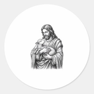 Sticker Rond Gravure Vintage Berger Tenant un Agneau Vecteur De