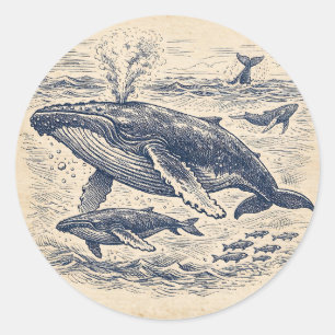 Sticker Rond Gravure vintage de groupe de baleines à bosse