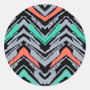 Sticker Rond Gray, Teal, et Coral Hand Drawn Chevron Pattern