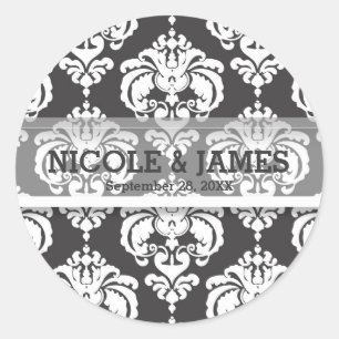 Sticker Rond Gray & White Damask Vintage Wedding Event Favorise