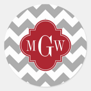 Sticker Rond Gray Wht Chevron Cranberry Quatrefoil 3 monogram