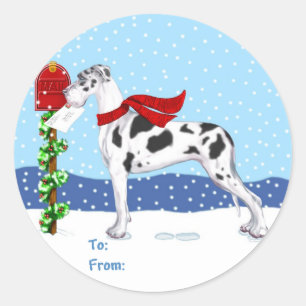 Sticker Rond Great Dane Christmas Mail Harlequin UC Tags cadeau