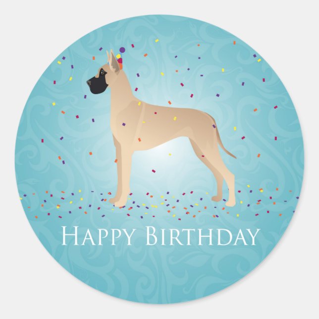 Sticker Rond Great Dane Happy Birthday Design (Devant)