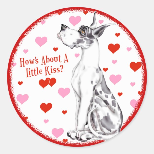 Sticker Rond Great Dane Harlequin Valentine's Day Kiss (Devant)
