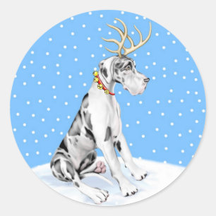 Sticker Rond Great Dane Reindeer Arlequin de Noël UC