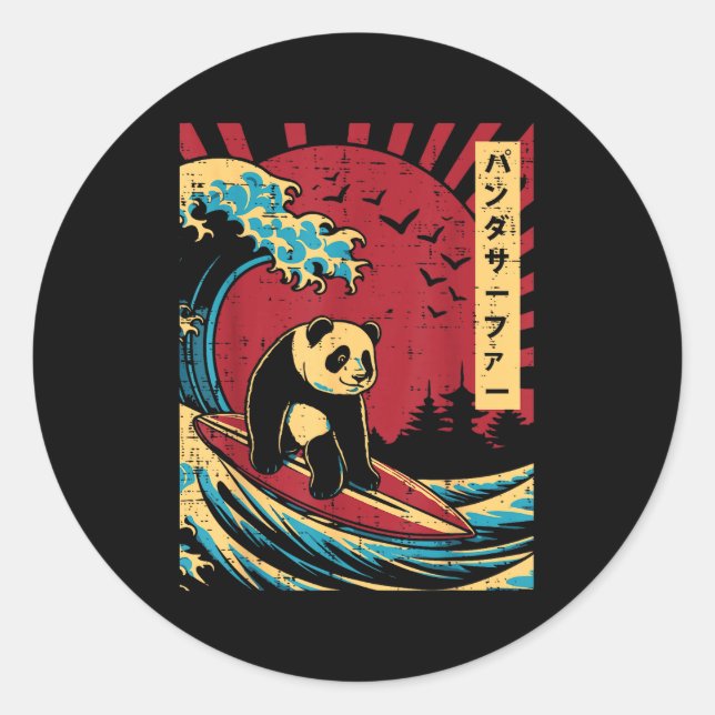 Sticker Rond Great Wave Panda Surfing Meme Japanese Art Men Wom (Devant)