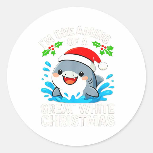 Sticker Rond Great White Christmas Shark Funny Santa Holiday Pu (Devant)
