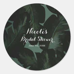 Sticker Rond Green & Black Chic Tropical Feuilles Mariage Faveu