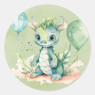 Sticker Rond Green Blue Watercolor Dragon Boy Baby shower