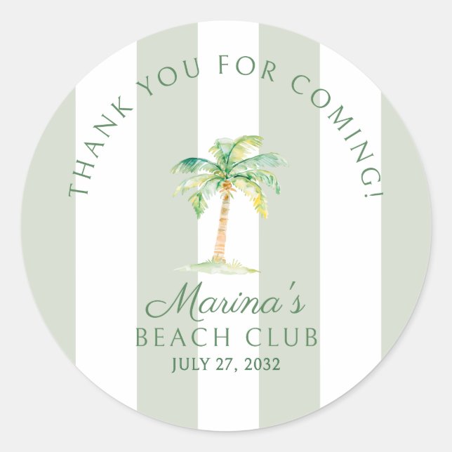 Sticker Rond Green Cabana Stripes Palm Beach Club Thank You (Devant)