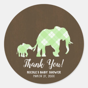 Sticker Rond Green Elephants Brown tendance Baby shower moderne