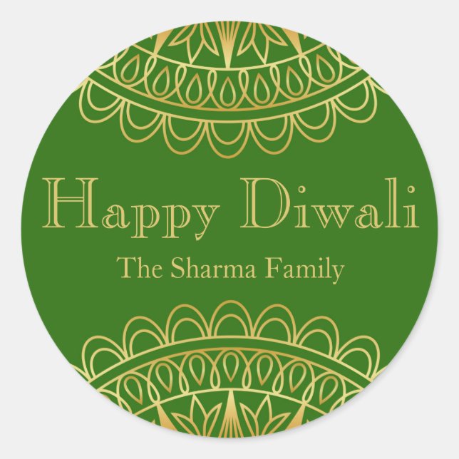 Sticker Rond Green et Gold Diwali Party Favoriser (Devant)