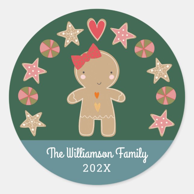 Sticker Rond Green Gingerbread Girl Holiday Cookie Modern Cute (Devant)