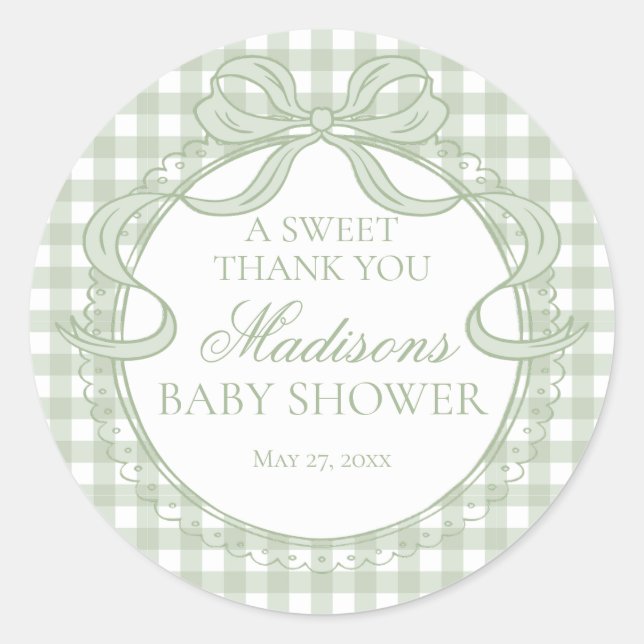 Sticker Rond Green Gingham Coquette Bow Baby Shower Favor (Devant)