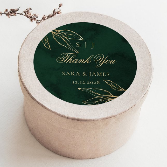 Sticker Rond Green Gold Emerald Botanical Wedding Thank you (Créateur téléchargé)