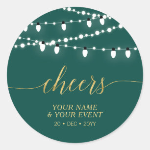 Sticker Rond Green & Gold String Lights Cheers Événement Favori