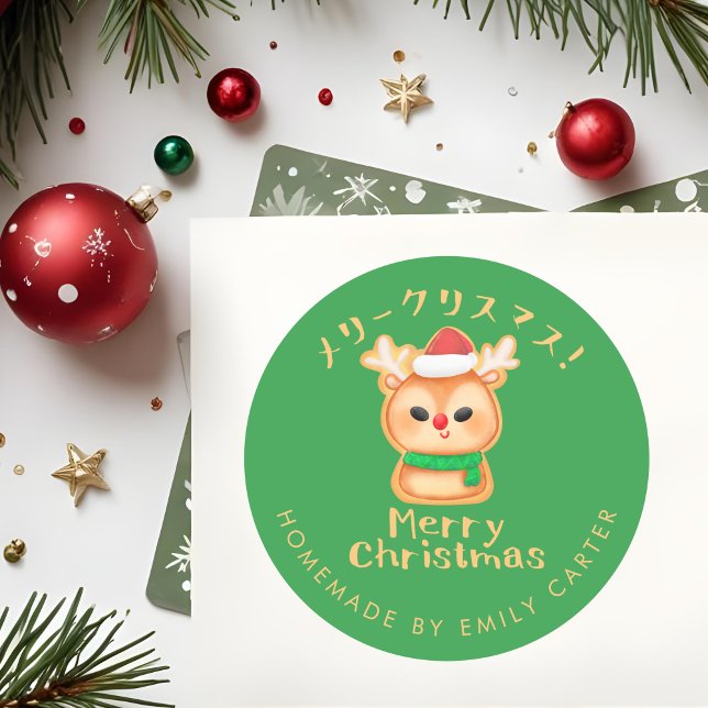 Sticker Rond Green Joyeux Noël Fête Cookie Reindee (Créateur téléchargé)