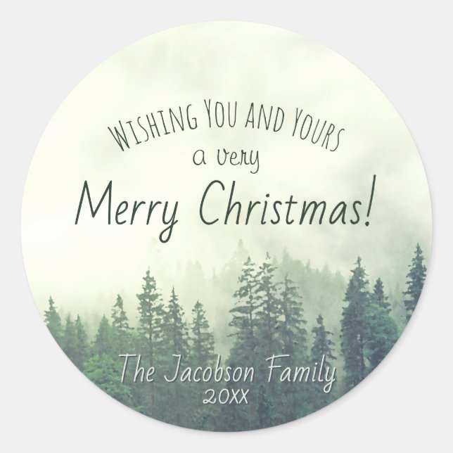 Sticker Rond Green Mountain Pines Festive Joyeux Noël (Devant)