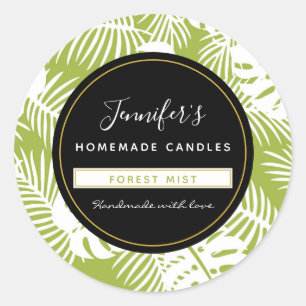 Sticker Rond Green Palm Feuille Rainforest Motif bougie / savon