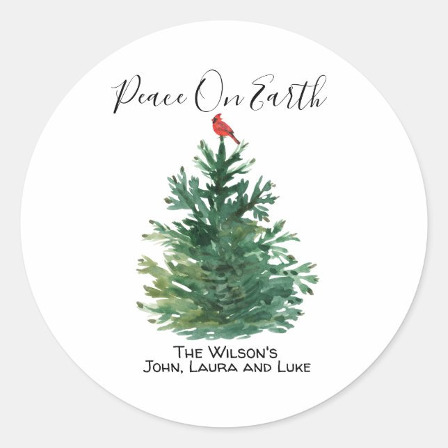 Sticker Rond Green Pine Tree Red Cardinal Peace on Earth Custom (Devant)