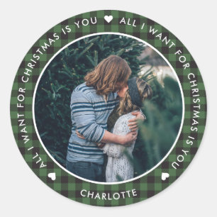 Sticker Rond Green Plaid Tout ce que je veux pour Noël est vous