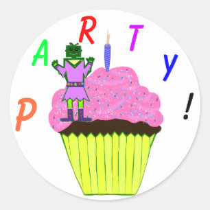 Sticker Rond Green Robot Girl et Pink Cupcake fête d'anniversai