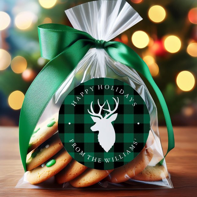 Sticker Rond Green Rustic Plaid Motif et cerf (Créateur téléchargé)