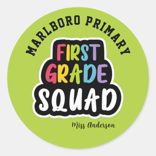Sticker Rond Green School Name First Grade Teacher Squad (Devant)