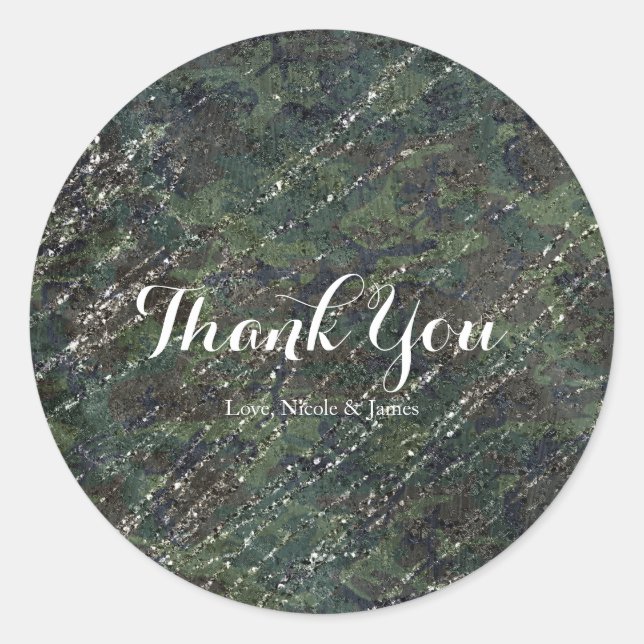 Sticker Rond Green & Silver Army Camo Sparkle Elegant Party (Devant)