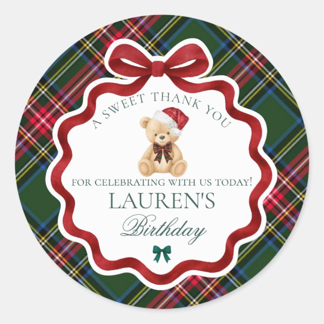 Sticker Rond Green Tartan Plaid Christmas Bear Birthday Favor (Devant)