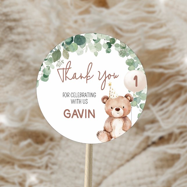 Sticker Rond Green Teddy Bear Fête d'anniversaire (Greenery Teddy Bear Birthday Party Sticker)