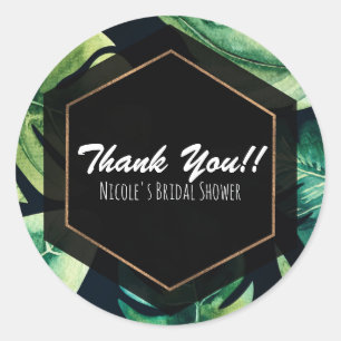 Sticker Rond Green Tropical Feuille Noir Elégant Mariage Faveur